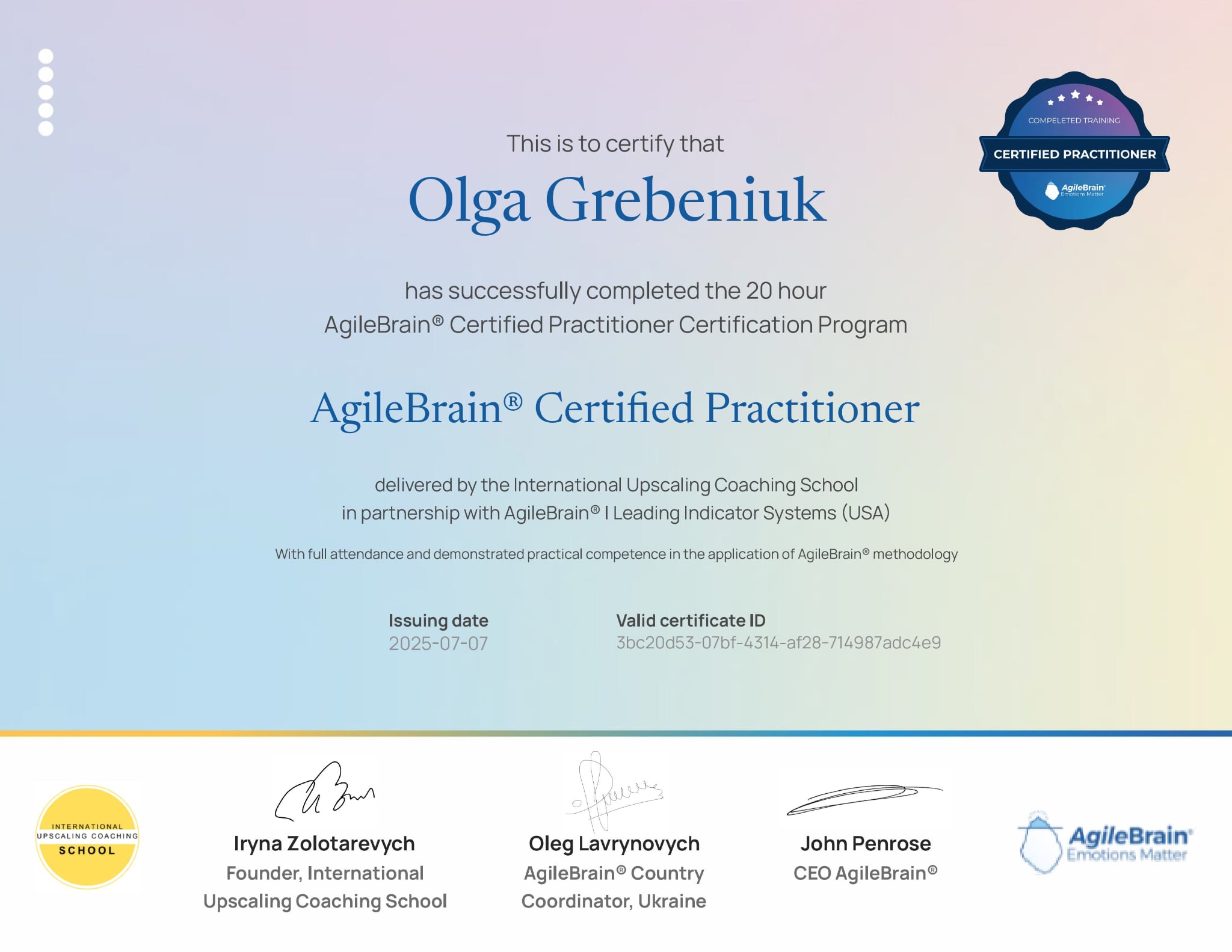 AgileBrain® Certified Practitioner — Olga Grebeniuk